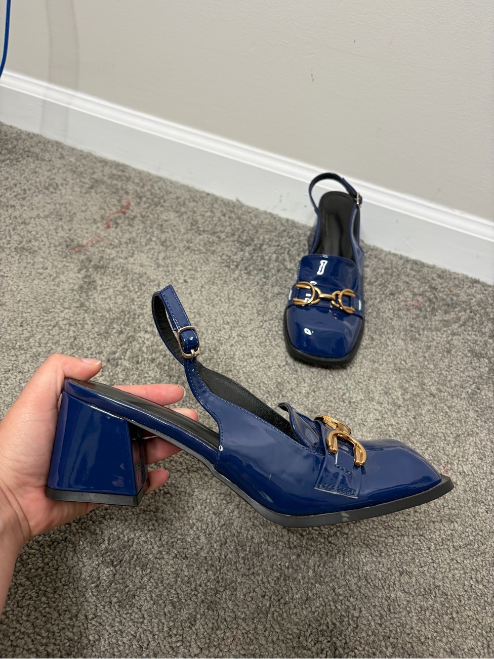 Patent Navy Slingback Block Heel Loafers with Gold Accent low heeled